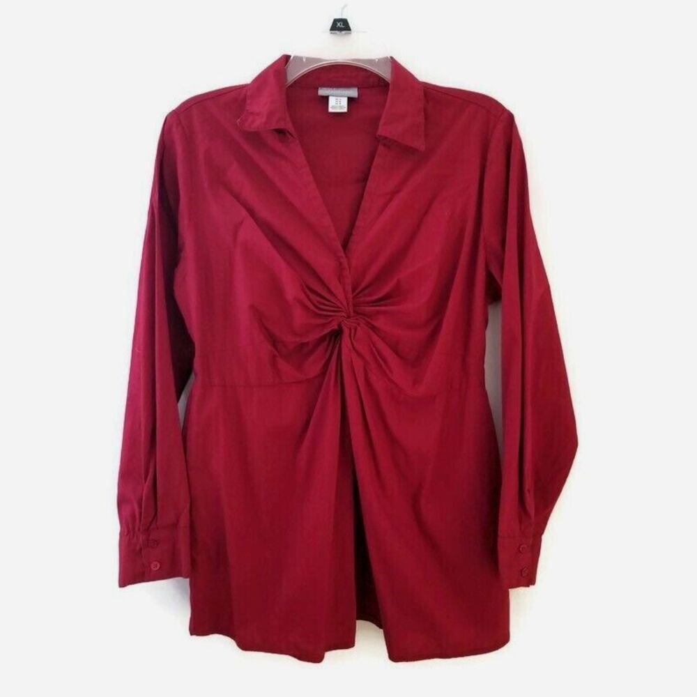 Motherhood Maternity Top Blouse Medium Burgundy Collared V-Neck Ruched Front